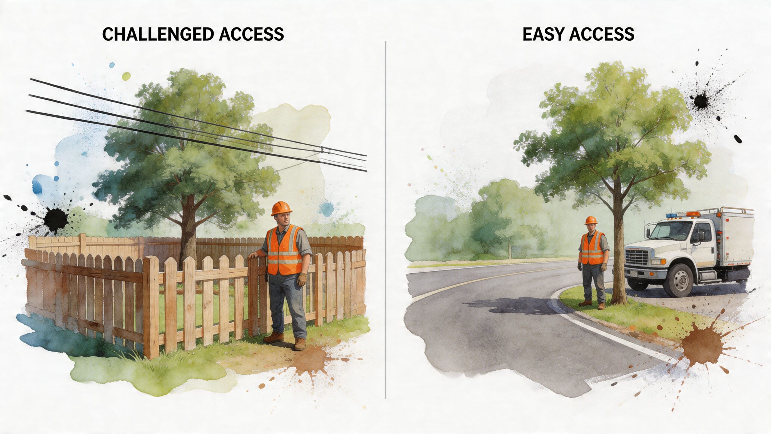 A split image showing a worker struggling with a fenced-in tree and easy access for <a href=