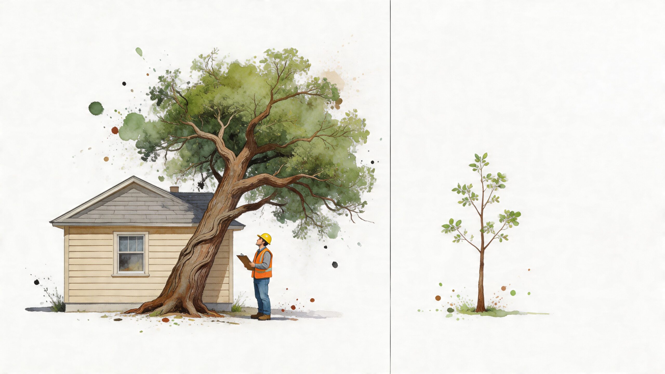 A professional arborist in high-visibility gear assesses a large tree near a house, contrasted with a small sapling.