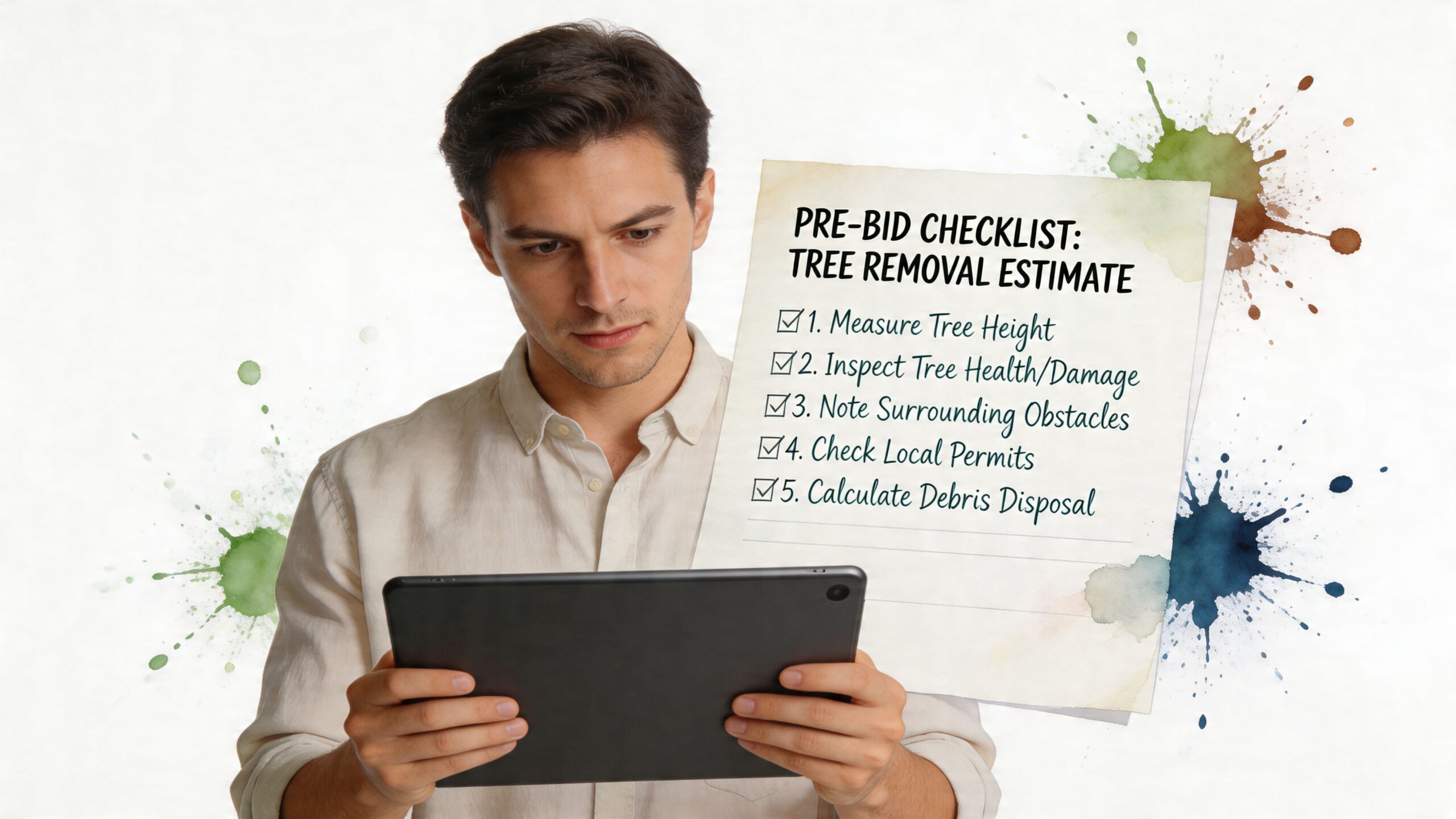 A man reviewing a digital tree removal estimate checklist on a tablet in a professional setting.