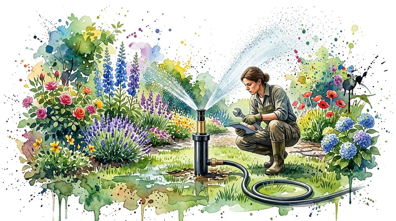A female gardener kneeling in a vibrant flower garden while repairing an irrigation sprinkler system with tools.
