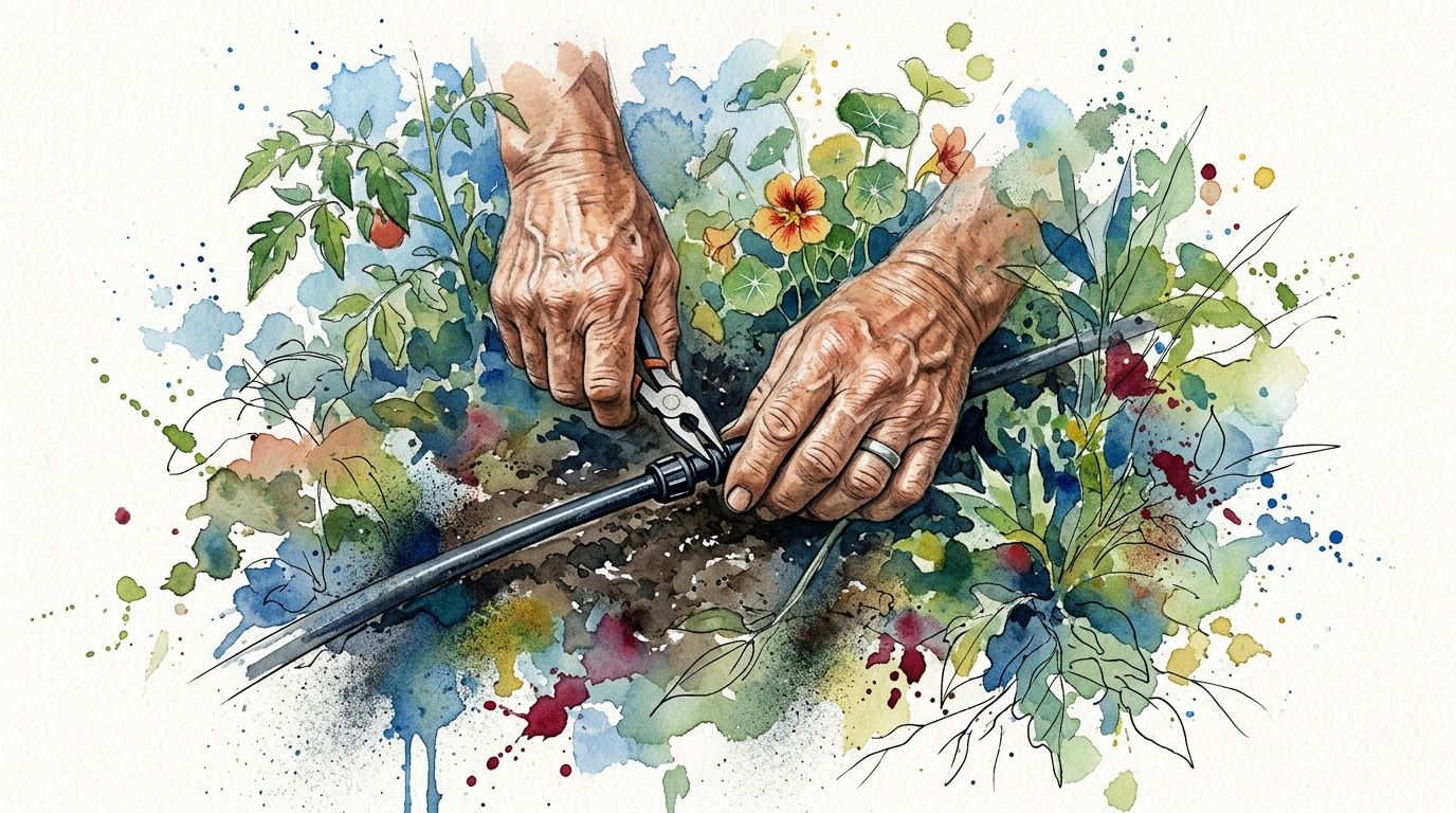 A close-up watercolor illustration of elderly hands using pliers to repair a black irrigation hose in a garden.