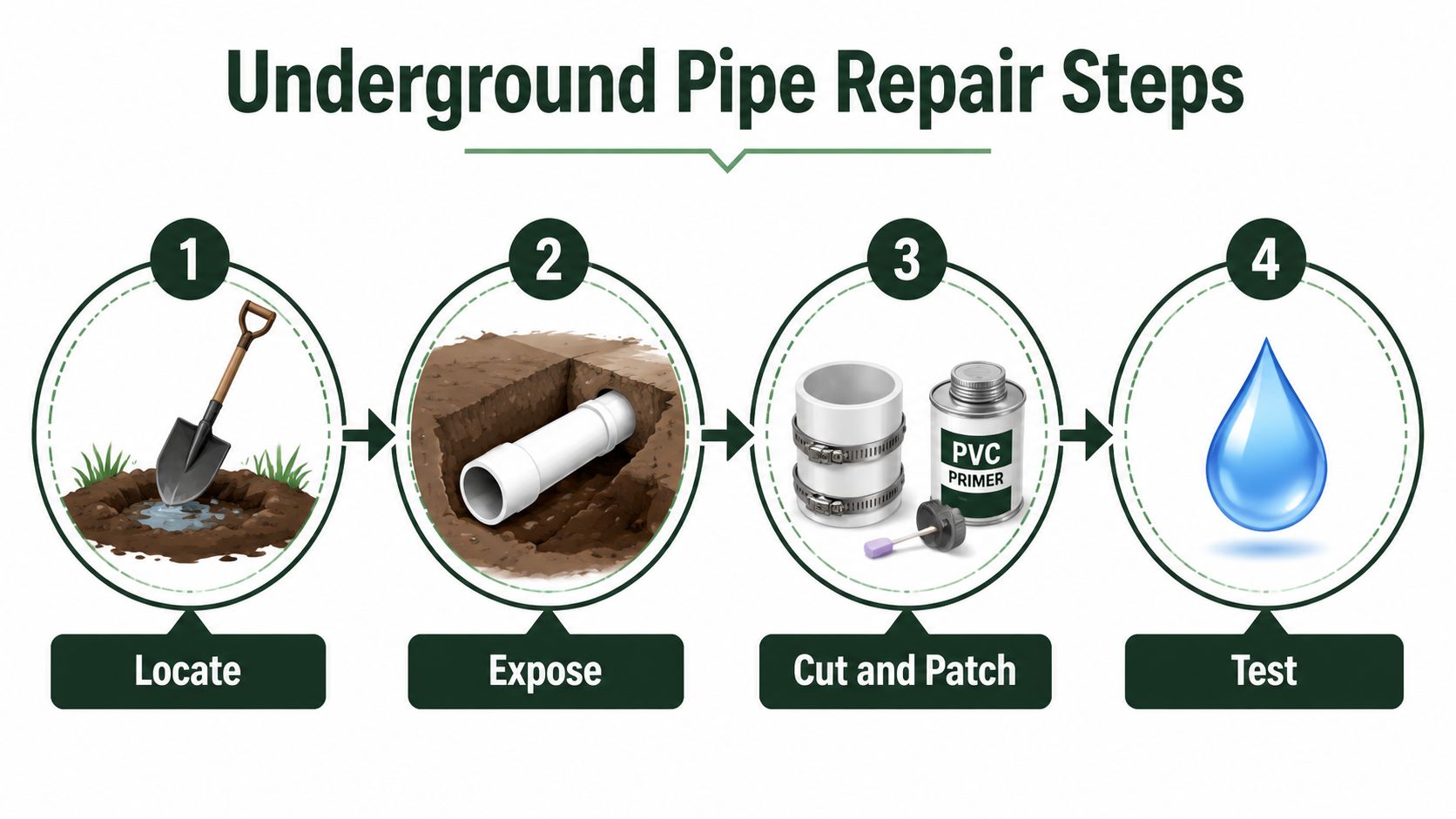 A four-step infographic illustrating the process for repairing an underground water pipe leak in a garden.