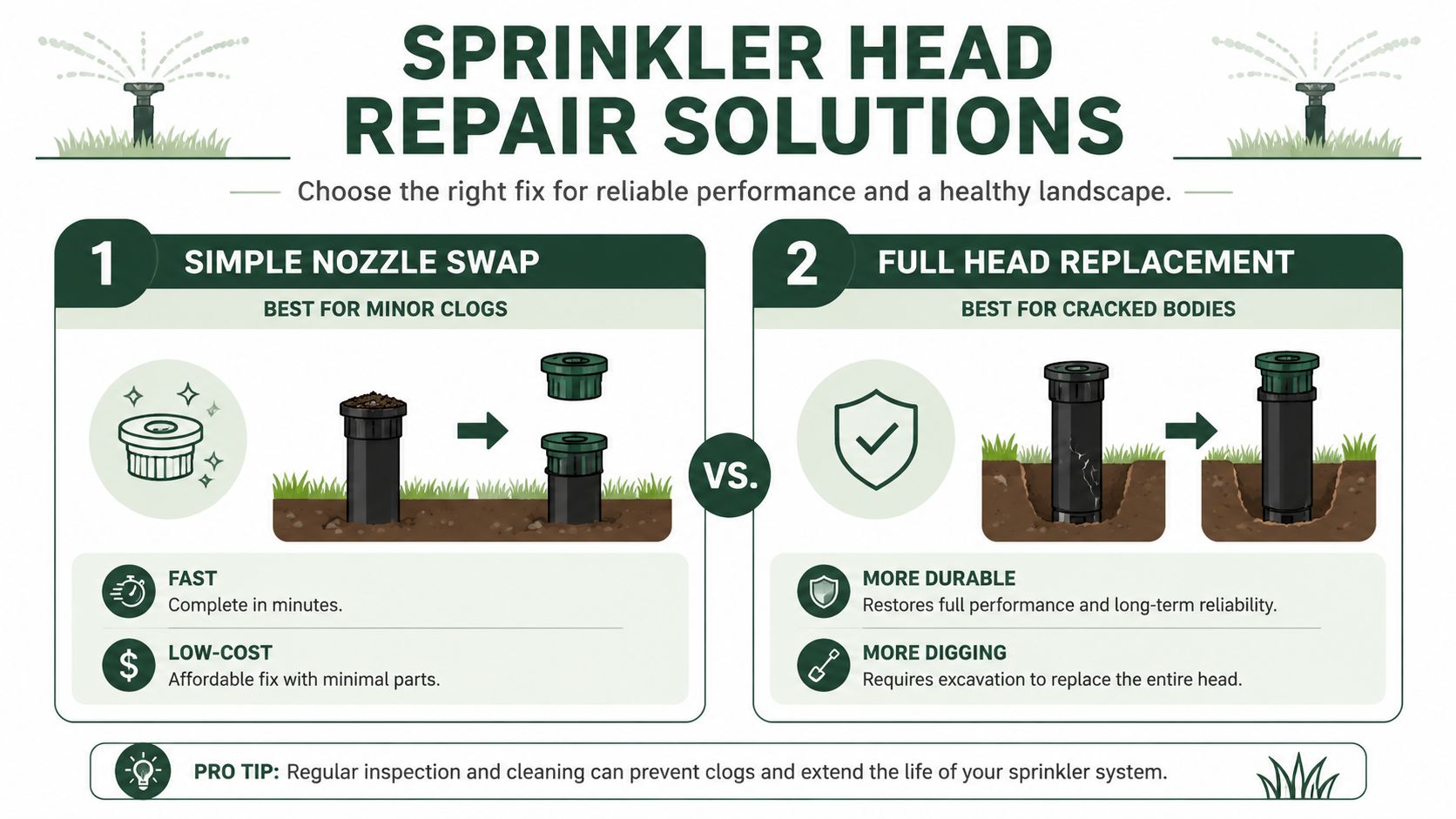A guide comparing simple nozzle swaps and full sprinkler head replacements for irrigation system repair.