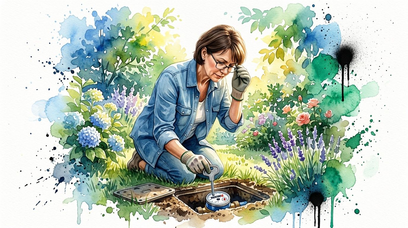 A woman kneeling in a garden, using a tool to check a water meter in the ground.