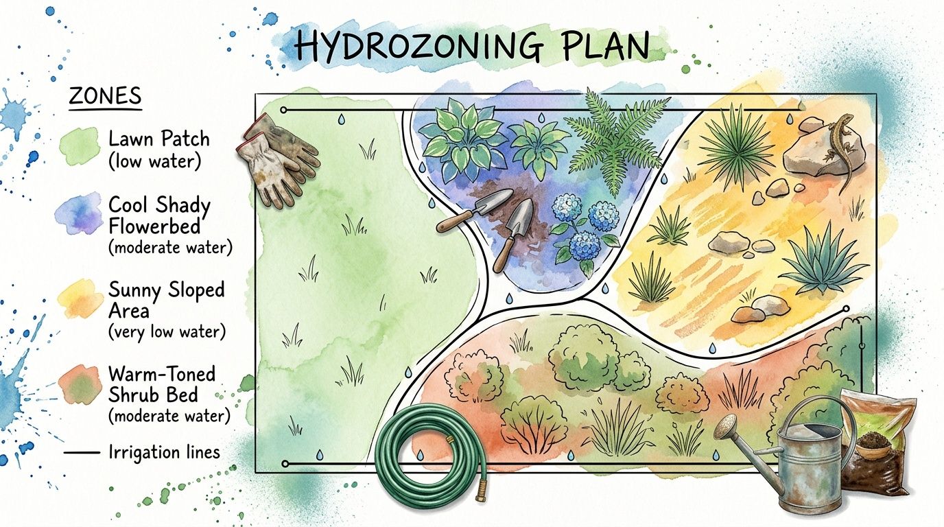 A watercolor illustration of a residential landscape hydrozoning plan showing different garden sections and irrigation lines.