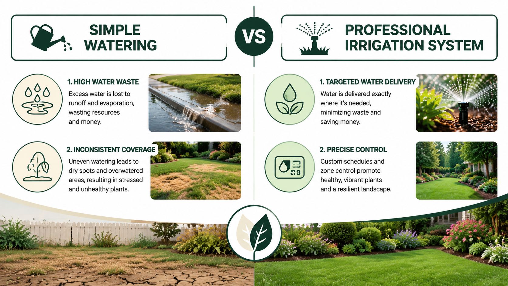 A side-by-side comparison illustrating the negative effects of manual watering versus the benefits of professional irrigation systems.