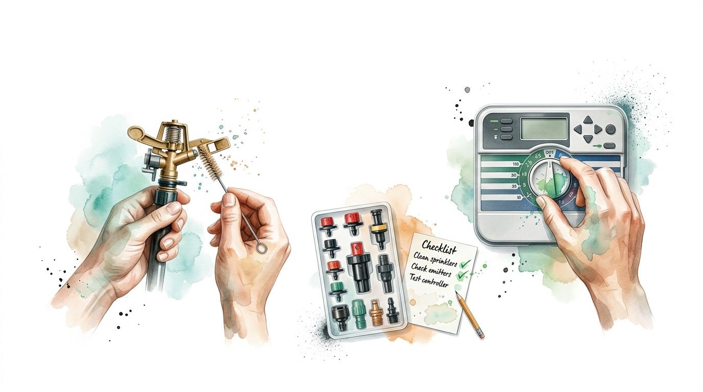 A hand cleaning a brass sprinkler head alongside a control box, irrigation parts, and a checklist.