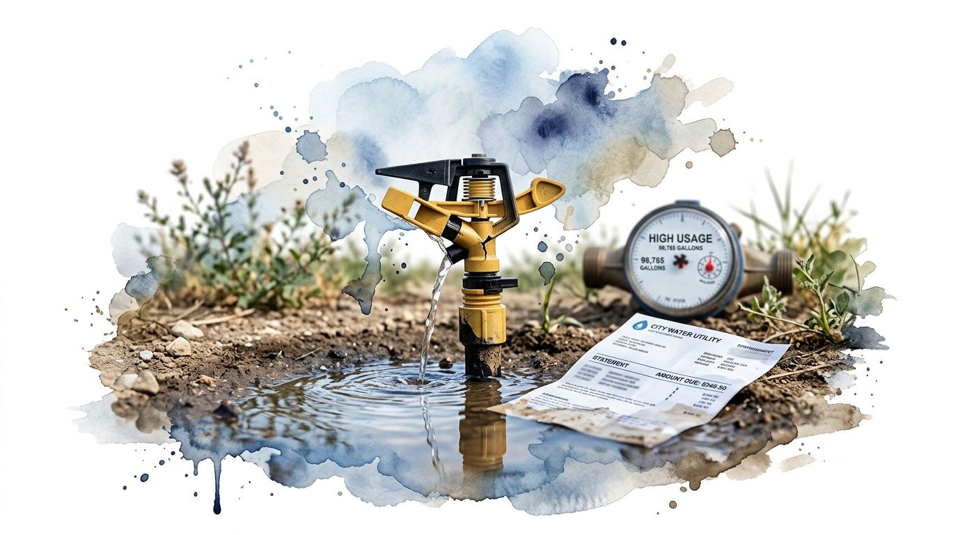 A yellow sprinkler leaking water onto the ground next to a high usage water meter and bill.