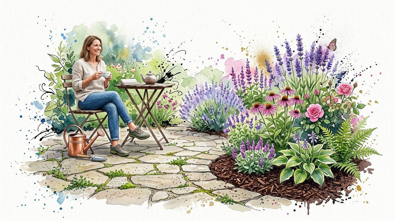 A smiling woman enjoys a tea break in a serene garden with blooming flowers and stone pavers.