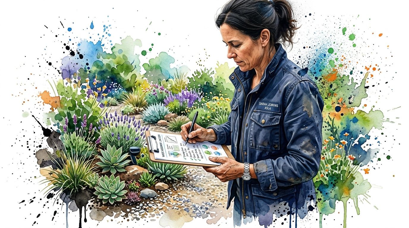 A professional landscape architect inspecting a water-wise garden while taking notes on a clipboard outdoors.