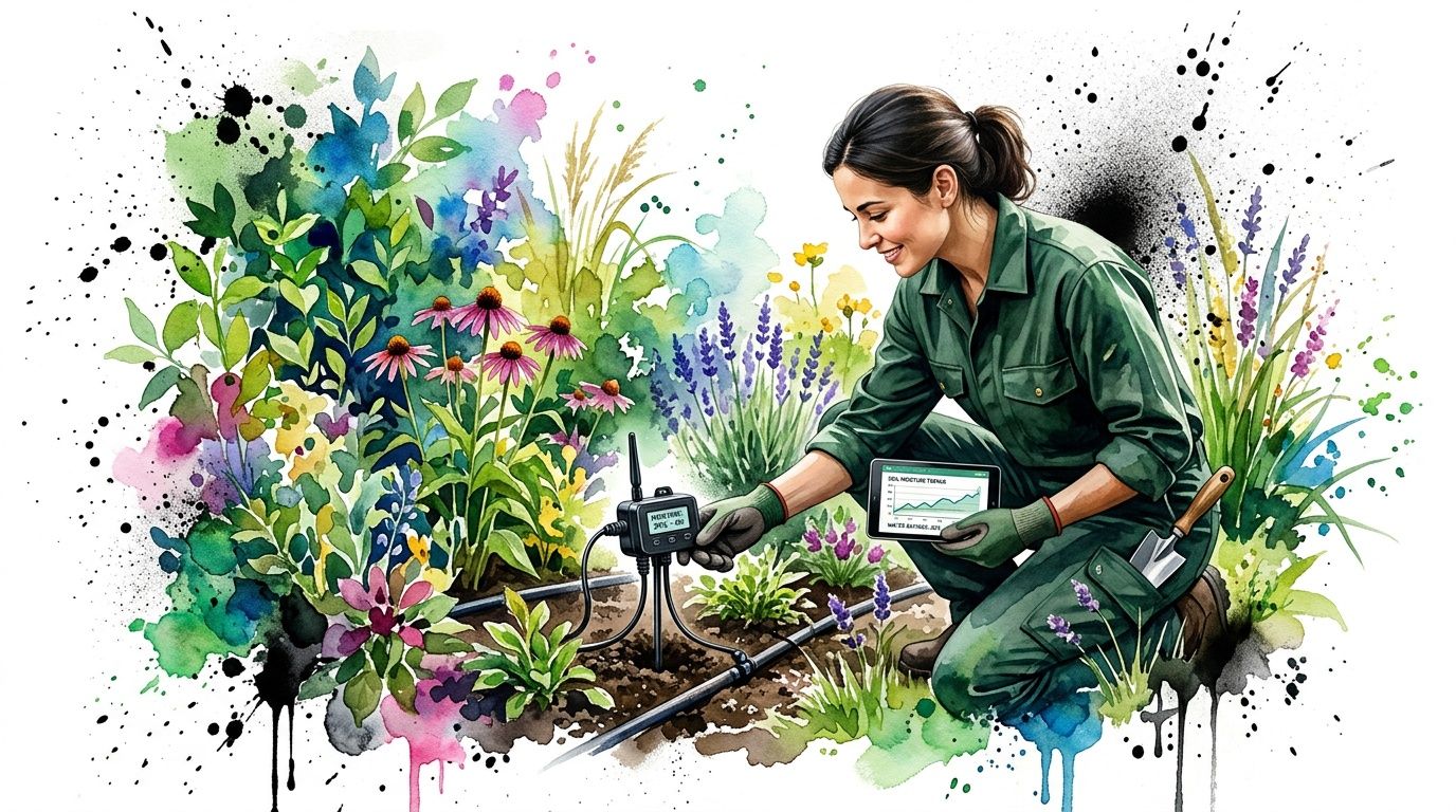 A professional gardener using digital technology to monitor soil health in a vibrant, water-efficient landscaped flower garden.