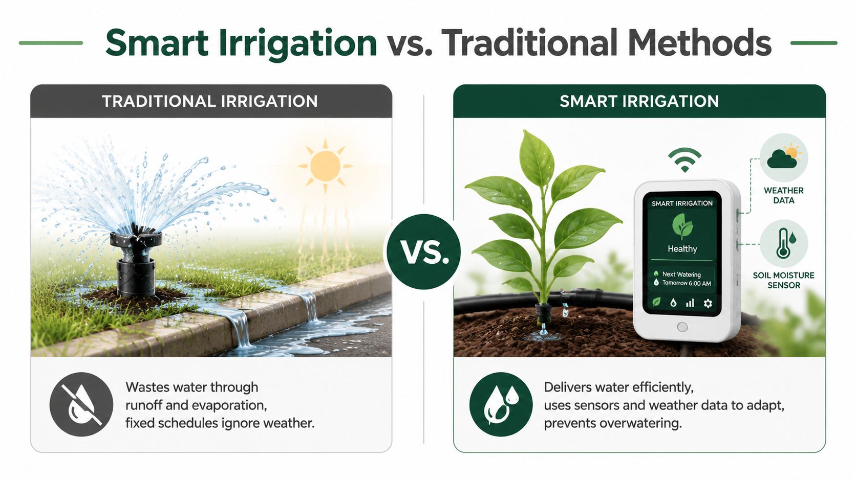 A comparative infographic showing the difference between inefficient traditional sprinkler irrigation and efficient smart automated irrigation systems.