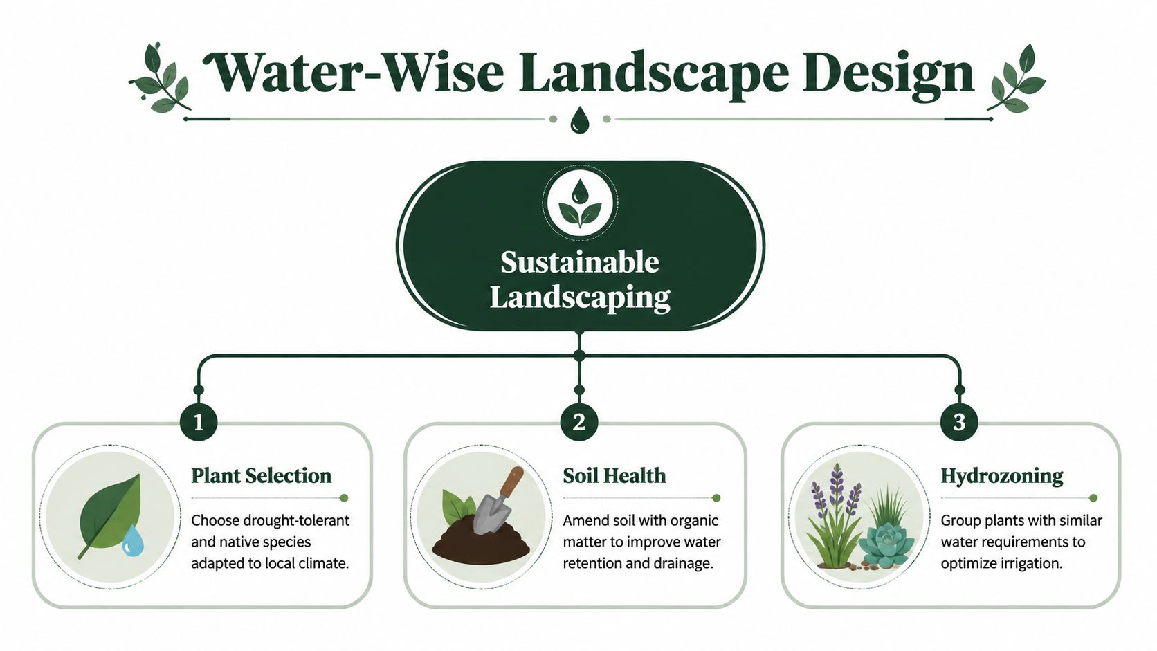 An infographic detailing three key principles for sustainable water-wise landscaping: plant selection, soil health, and hydrozoning.