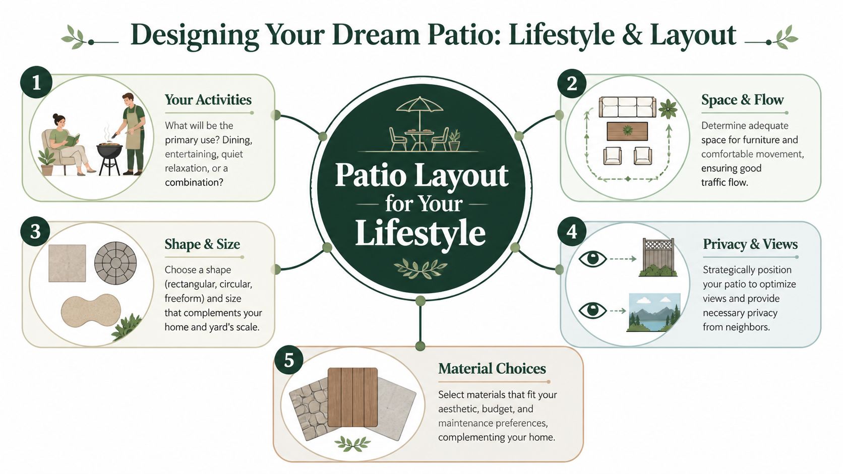 An infographic titled Designing Your Dream Patio outlining five key steps for lifestyle-focused patio layout and planning.