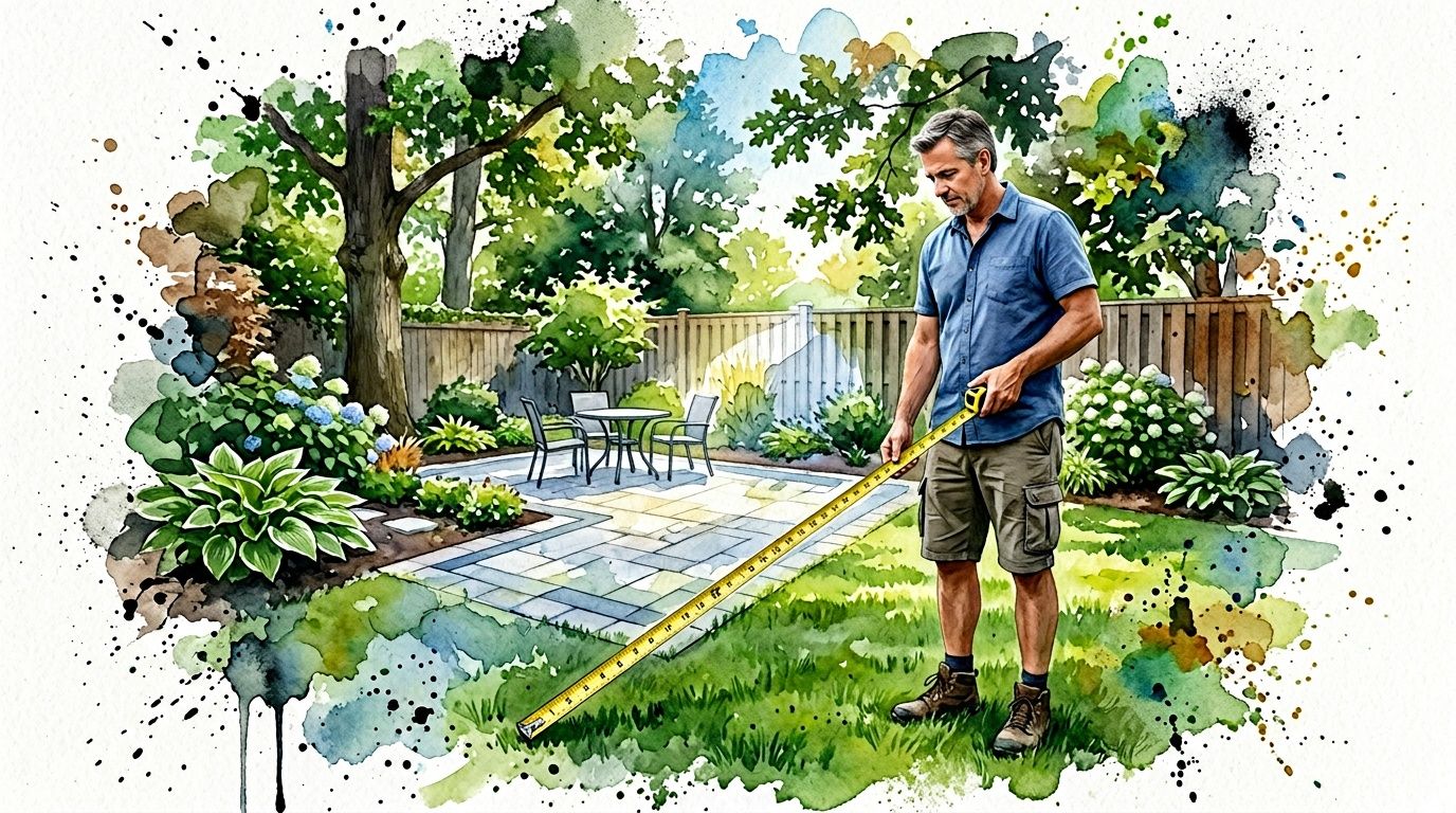 A man measuring a backyard patio area with a tape measure to plan home improvement projects.