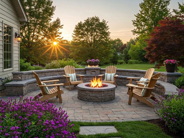 Cozy fire pit surrounded by chairs.